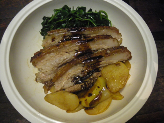 Added some farm spinach to the pork and pears, and drizzled over some salty sweet juices from the roast.